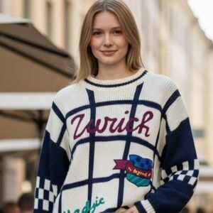 "Zurich" Preppy Korean Graphic Patches Cream and Black Heavy Sweater
